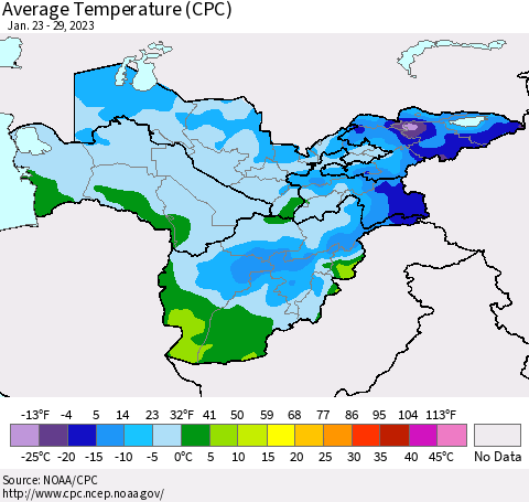 Central Asia Average Temperature (CPC) Thematic Map For 1/23/2023 - 1/29/2023