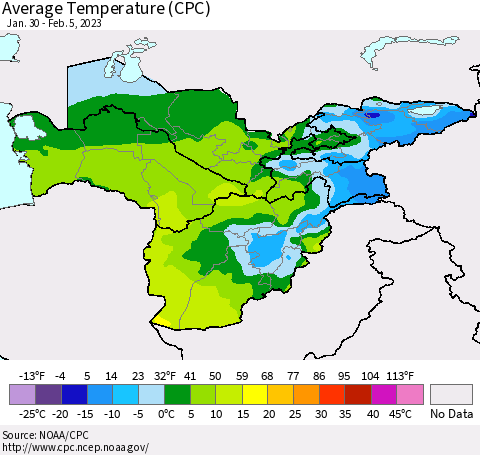Central Asia Average Temperature (CPC) Thematic Map For 1/30/2023 - 2/5/2023