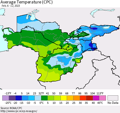 Central Asia Average Temperature (CPC) Thematic Map For 2/6/2023 - 2/12/2023