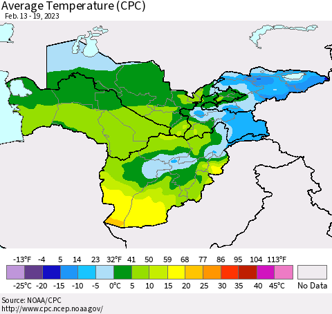 Central Asia Average Temperature (CPC) Thematic Map For 2/13/2023 - 2/19/2023