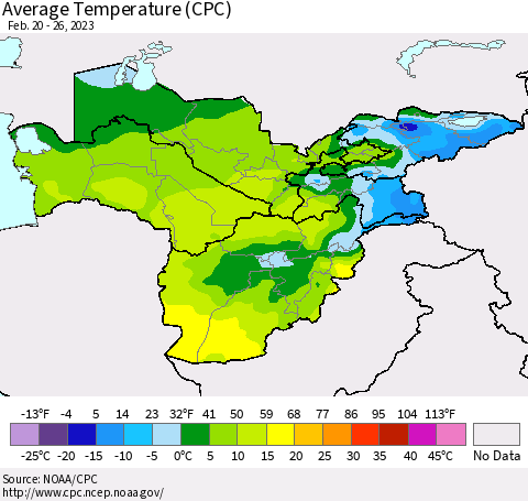 Central Asia Average Temperature (CPC) Thematic Map For 2/20/2023 - 2/26/2023