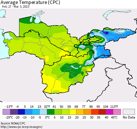Central Asia Average Temperature (CPC) Thematic Map For 2/27/2023 - 3/5/2023
