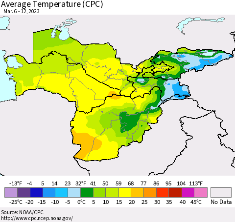 Central Asia Average Temperature (CPC) Thematic Map For 3/6/2023 - 3/12/2023
