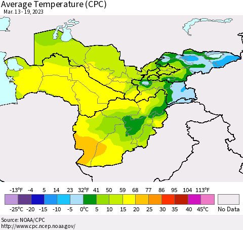Central Asia Average Temperature (CPC) Thematic Map For 3/13/2023 - 3/19/2023