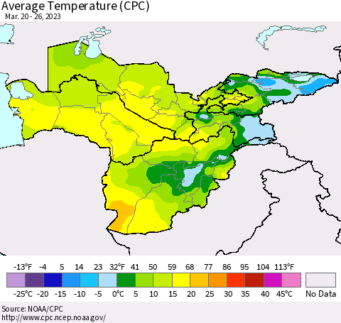 Central Asia Average Temperature (CPC) Thematic Map For 3/20/2023 - 3/26/2023