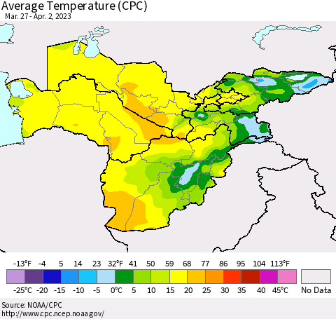 Central Asia Average Temperature (CPC) Thematic Map For 3/27/2023 - 4/2/2023