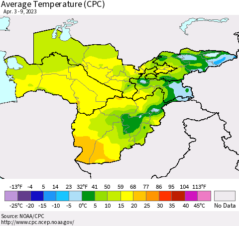 Central Asia Average Temperature (CPC) Thematic Map For 4/3/2023 - 4/9/2023