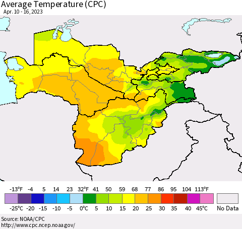 Central Asia Average Temperature (CPC) Thematic Map For 4/10/2023 - 4/16/2023