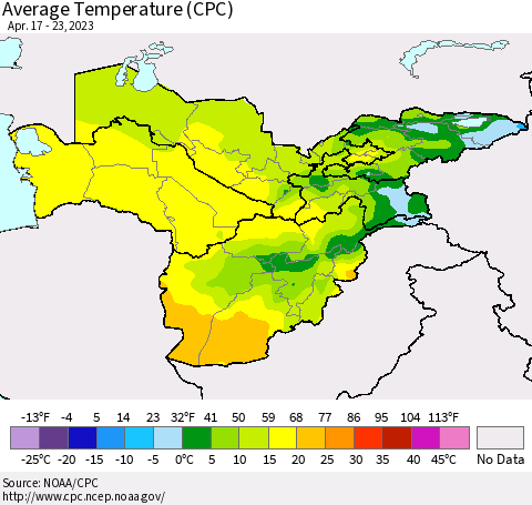 Central Asia Average Temperature (CPC) Thematic Map For 4/17/2023 - 4/23/2023