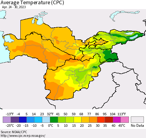 Central Asia Average Temperature (CPC) Thematic Map For 4/24/2023 - 4/30/2023