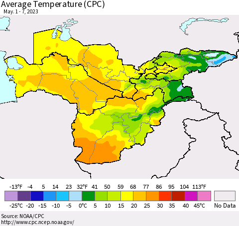 Central Asia Average Temperature (CPC) Thematic Map For 5/1/2023 - 5/7/2023