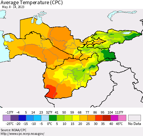Central Asia Average Temperature (CPC) Thematic Map For 5/8/2023 - 5/14/2023