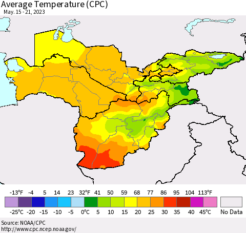 Central Asia Average Temperature (CPC) Thematic Map For 5/15/2023 - 5/21/2023