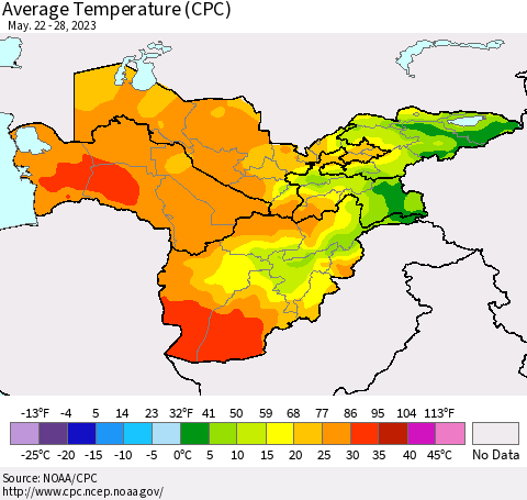 Central Asia Average Temperature (CPC) Thematic Map For 5/22/2023 - 5/28/2023