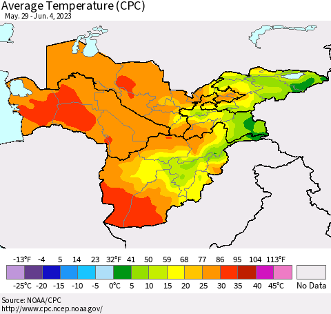 Central Asia Average Temperature (CPC) Thematic Map For 5/29/2023 - 6/4/2023