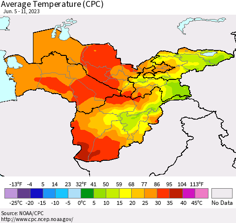 Central Asia Average Temperature (CPC) Thematic Map For 6/5/2023 - 6/11/2023