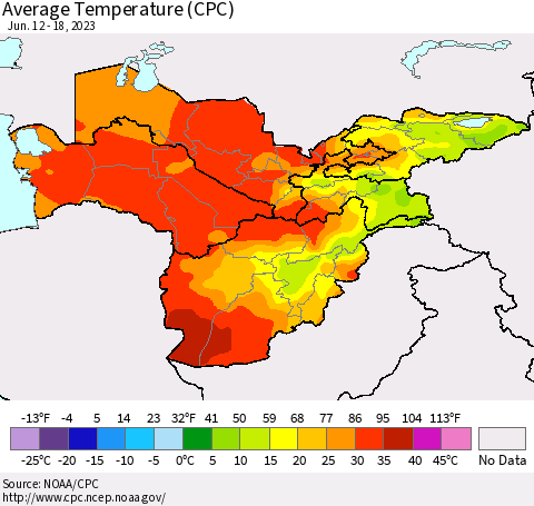 Central Asia Average Temperature (CPC) Thematic Map For 6/12/2023 - 6/18/2023