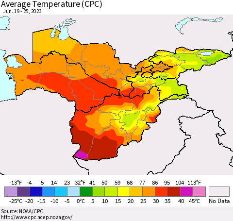 Central Asia Average Temperature (CPC) Thematic Map For 6/19/2023 - 6/25/2023