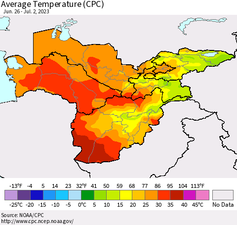 Central Asia Average Temperature (CPC) Thematic Map For 6/26/2023 - 7/2/2023
