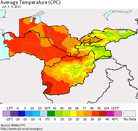 Central Asia Average Temperature (CPC) Thematic Map For 7/3/2023 - 7/9/2023