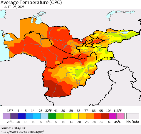Central Asia Average Temperature (CPC) Thematic Map For 7/17/2023 - 7/23/2023