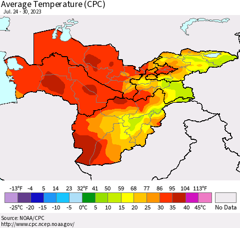 Central Asia Average Temperature (CPC) Thematic Map For 7/24/2023 - 7/30/2023