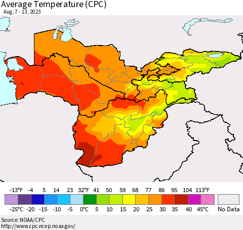 Central Asia Average Temperature (CPC) Thematic Map For 8/7/2023 - 8/13/2023
