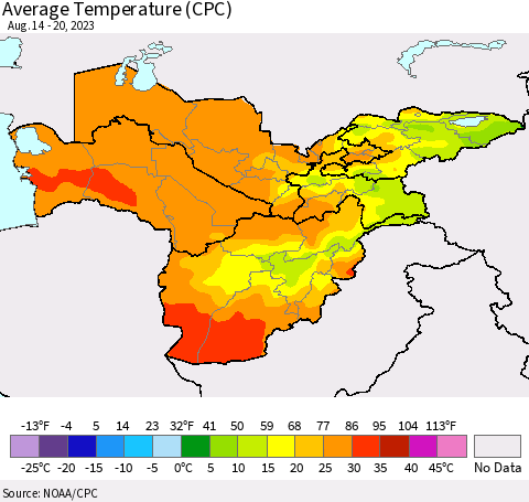 Central Asia Average Temperature (CPC) Thematic Map For 8/14/2023 - 8/20/2023