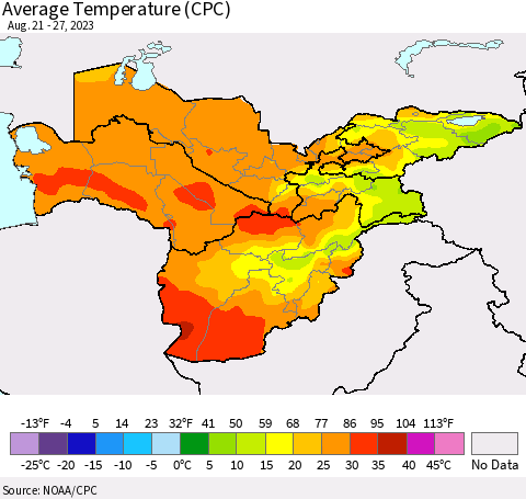 Central Asia Average Temperature (CPC) Thematic Map For 8/21/2023 - 8/27/2023