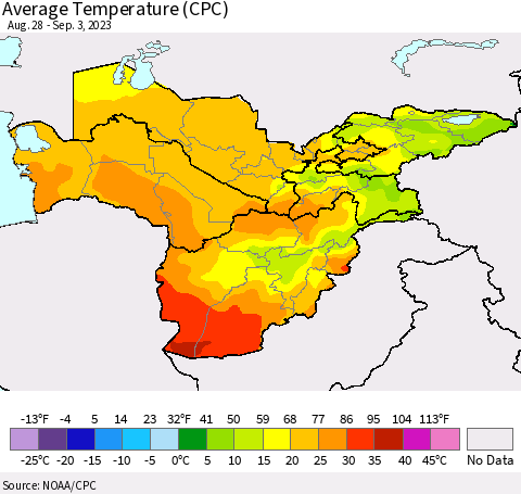 Central Asia Average Temperature (CPC) Thematic Map For 8/28/2023 - 9/3/2023