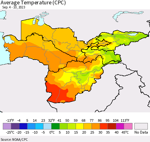 Central Asia Average Temperature (CPC) Thematic Map For 9/4/2023 - 9/10/2023