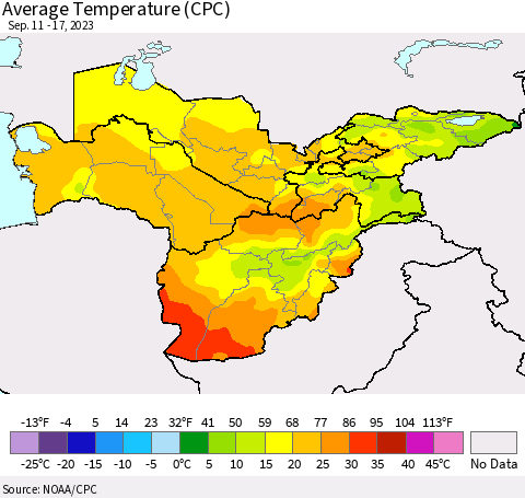 Central Asia Average Temperature (CPC) Thematic Map For 9/11/2023 - 9/17/2023