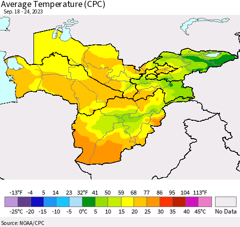 Central Asia Average Temperature (CPC) Thematic Map For 9/18/2023 - 9/24/2023