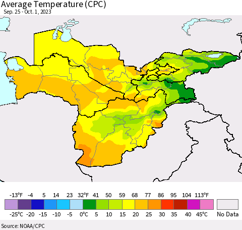 Central Asia Average Temperature (CPC) Thematic Map For 9/25/2023 - 10/1/2023