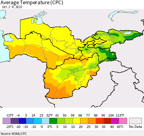 Central Asia Average Temperature (CPC) Thematic Map For 10/2/2023 - 10/8/2023