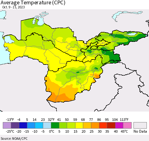 Central Asia Average Temperature (CPC) Thematic Map For 10/9/2023 - 10/15/2023