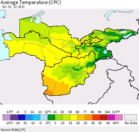 Central Asia Average Temperature (CPC) Thematic Map For 10/16/2023 - 10/22/2023