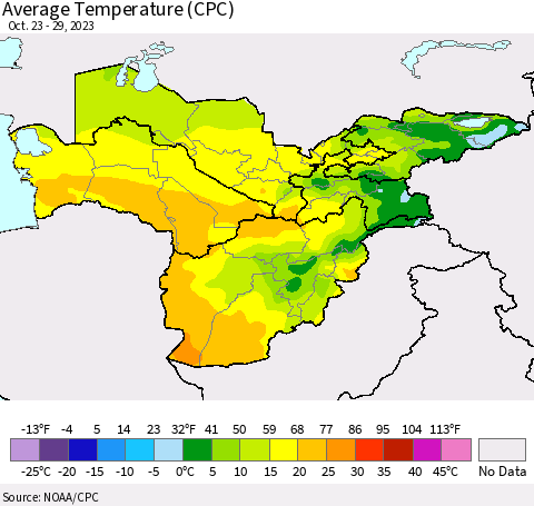 Central Asia Average Temperature (CPC) Thematic Map For 10/23/2023 - 10/29/2023