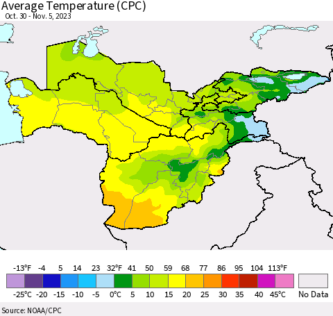 Central Asia Average Temperature (CPC) Thematic Map For 10/30/2023 - 11/5/2023