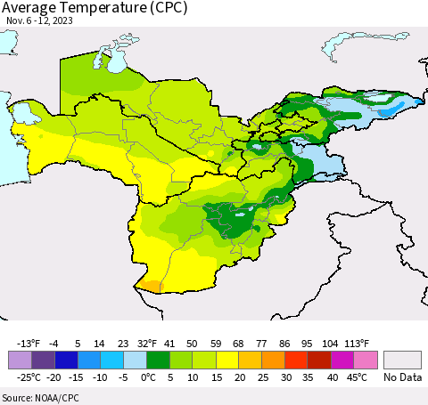 Central Asia Average Temperature (CPC) Thematic Map For 11/6/2023 - 11/12/2023
