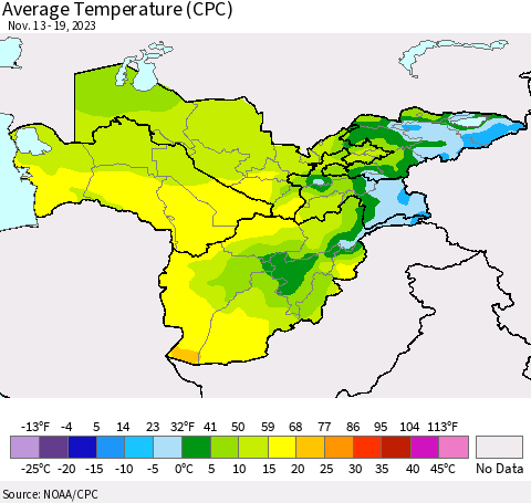 Central Asia Average Temperature (CPC) Thematic Map For 11/13/2023 - 11/19/2023