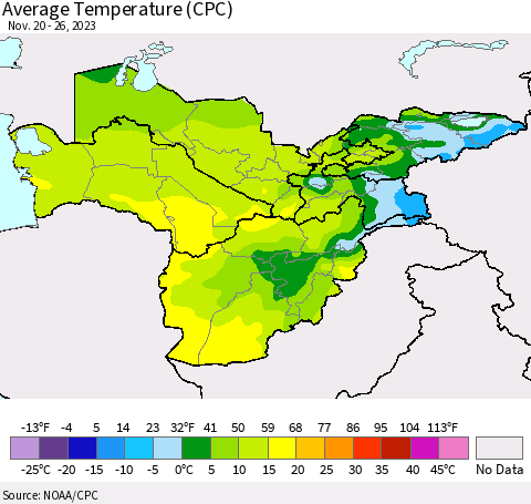 Central Asia Average Temperature (CPC) Thematic Map For 11/20/2023 - 11/26/2023
