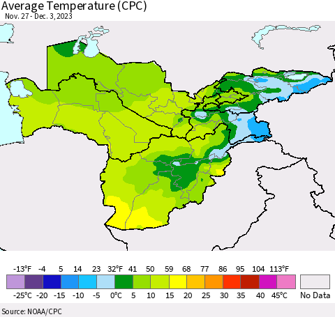 Central Asia Average Temperature (CPC) Thematic Map For 11/27/2023 - 12/3/2023