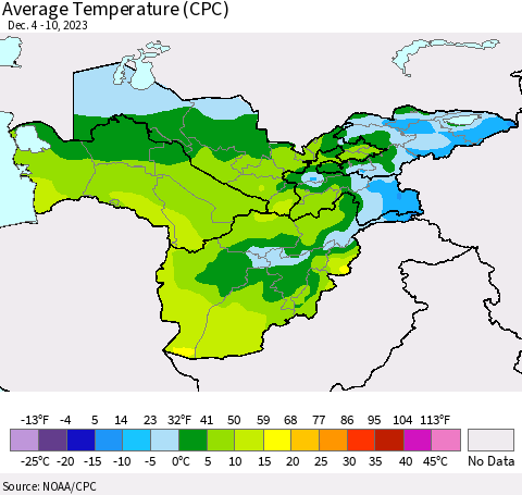 Central Asia Average Temperature (CPC) Thematic Map For 12/4/2023 - 12/10/2023
