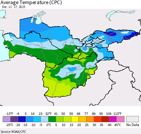 Central Asia Average Temperature (CPC) Thematic Map For 12/11/2023 - 12/17/2023