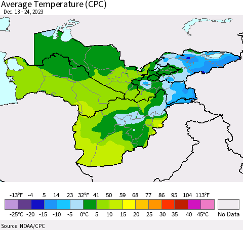 Central Asia Average Temperature (CPC) Thematic Map For 12/18/2023 - 12/24/2023