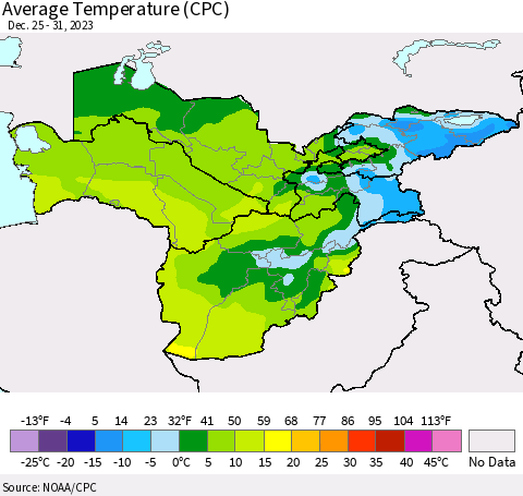 Central Asia Average Temperature (CPC) Thematic Map For 12/25/2023 - 12/31/2023
