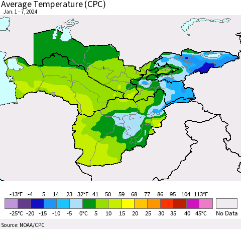 Central Asia Average Temperature (CPC) Thematic Map For 1/1/2024 - 1/7/2024