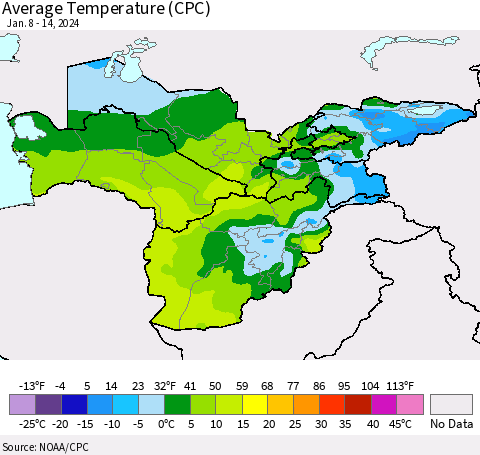 Central Asia Average Temperature (CPC) Thematic Map For 1/8/2024 - 1/14/2024