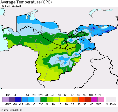 Central Asia Average Temperature (CPC) Thematic Map For 1/15/2024 - 1/21/2024